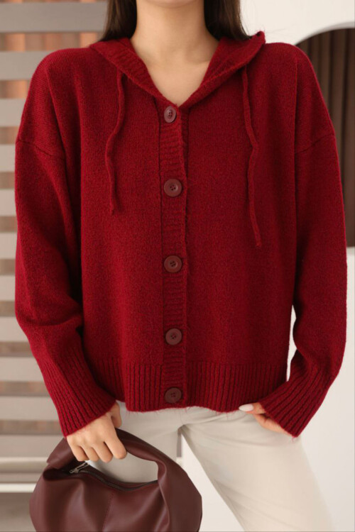 Kırmızı Düğmeli Kapüşonlu Soft Touch Triko Hırka BCES-253009