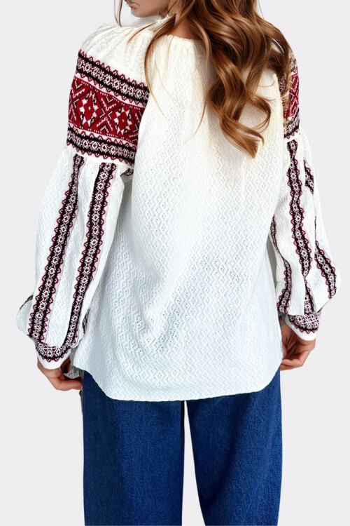 Kırmızı Etnik Desenli Ponponlu Triko Bluz BCHESQ-251019