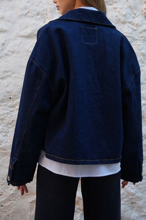 Koyu Lacivert Çift Cepli Crop Denim Ceket BCHNW-251189