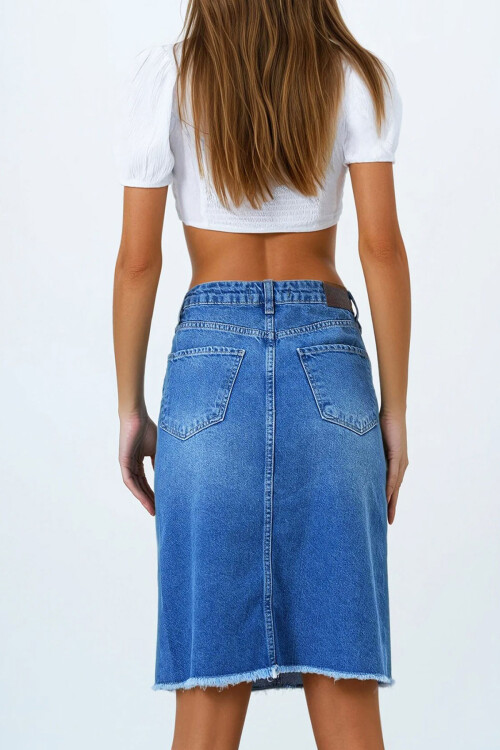 Koyu Mavi 5 Cepli Eteği Püsküllü Jean Etek BCHNW-251195
