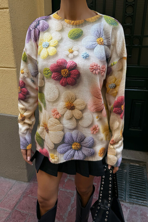 Krem Bisiklet Yaka Desenli Triko Kazak BCDF-25A3500