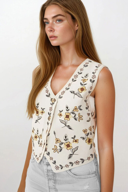 Krem Çiçek Nakışlı Düğme Kapamalı Yelek BCHESQ-251139