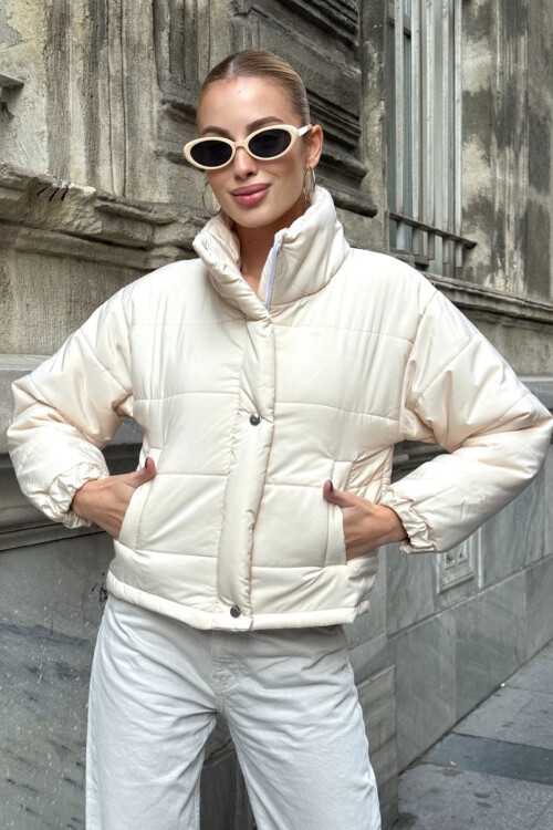 Krem Çift Cepli Kapitone Şişme Mont BCVL-25N1002