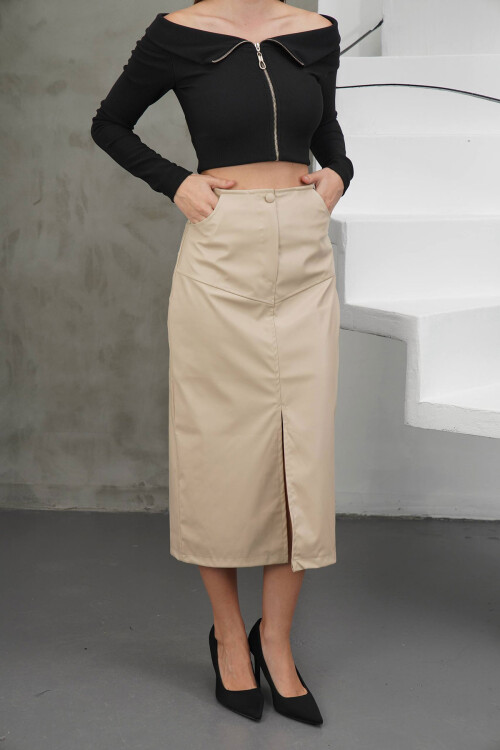 Krem Midi Boy Yırtmaçlı Suni Deri Etek BCHN-2526428