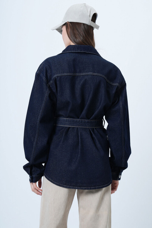 Lacivert Beli Kuşaklı Düğme Kapamalı Denim Gömlek BCHNW-251208