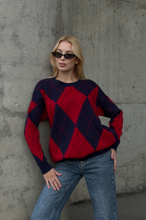 Lacivert Bisiklet Yaka Baklava Desenli Triko Kazak BCVL-253027