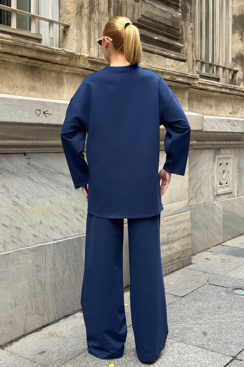 Lacivert Cep Detaylı 2 İplik Örme Bluz Ve Pantolon Alt Üst Takım BCVL-25V227