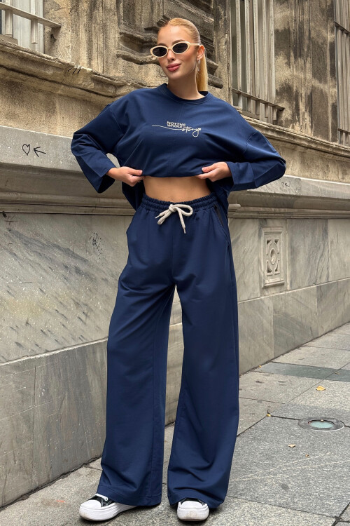 Lacivert Cep Detaylı 2 İplik Örme Bluz Ve Pantolon Alt Üst Takım BCVL-25V227