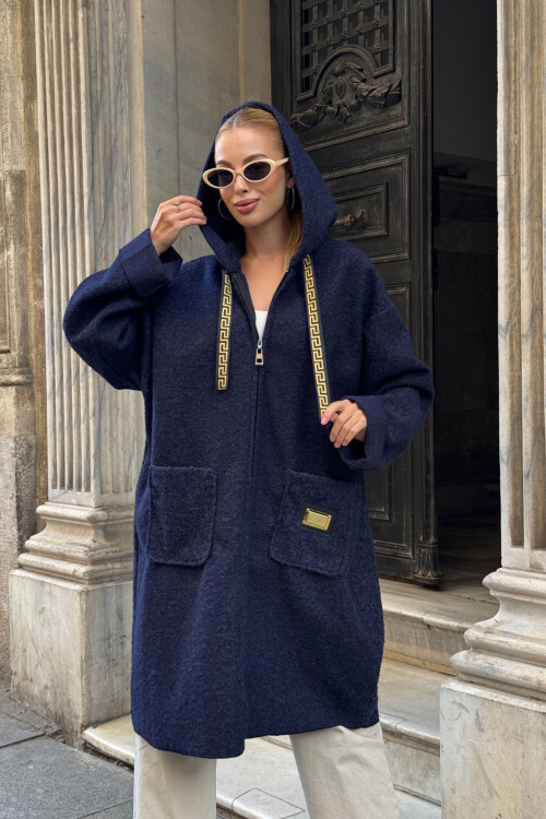 Lacivert Çift Cepli Kapüşonlu Uzun Kışlık Buklet Ceket BCVL-25V221