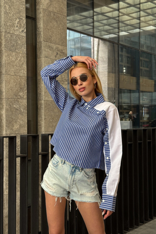 Lacivert Çizgili Kontrast Uzun Kollu Asimetrik Düğme Detaylı Crop Gömlek BCHPK-251209