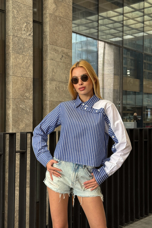 Lacivert Çizgili Kontrast Uzun Kollu Asimetrik Düğme Detaylı Crop Gömlek BCHPK-251209