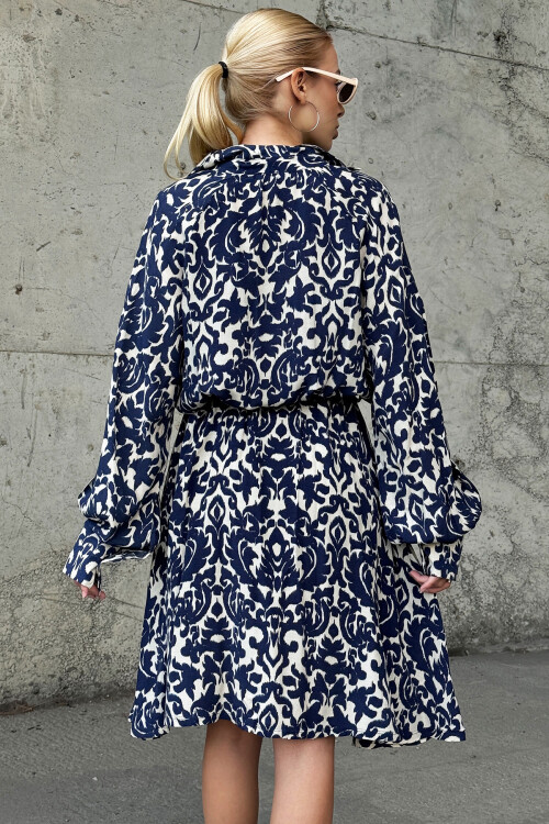 Lacivert Gömlek Yaka Önü Düğmeli Kuşak Detaylı Dokuma Elbise BCHESQ-251061