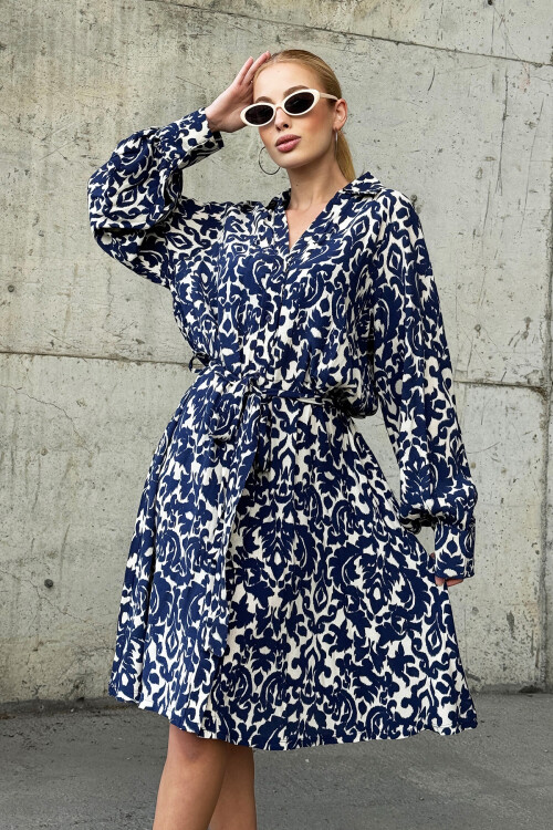 Lacivert Gömlek Yaka Önü Düğmeli Kuşak Detaylı Dokuma Elbise BCHESQ-251061