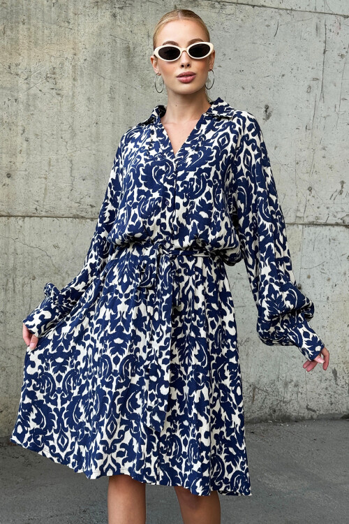 Lacivert Gömlek Yaka Önü Düğmeli Kuşak Detaylı Dokuma Elbise BCHESQ-251061