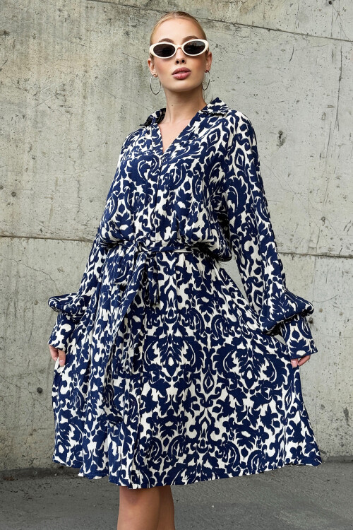 Lacivert Gömlek Yaka Önü Düğmeli Kuşak Detaylı Dokuma Elbise BCHESQ-251061