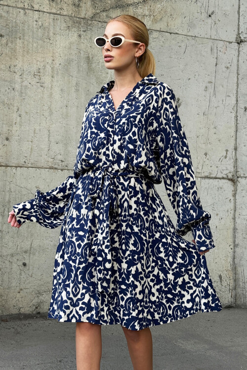 Lacivert Gömlek Yaka Önü Düğmeli Kuşak Detaylı Dokuma Elbise BCHESQ-251061