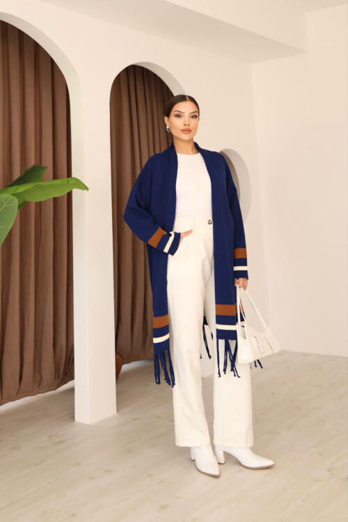 Lacivert Püsküllü Renk Bloklu Uzun Triko Hırka BCES-253002