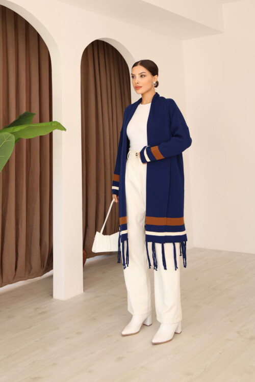 Lacivert Püsküllü Renk Bloklu Uzun Triko Hırka BCES-253002