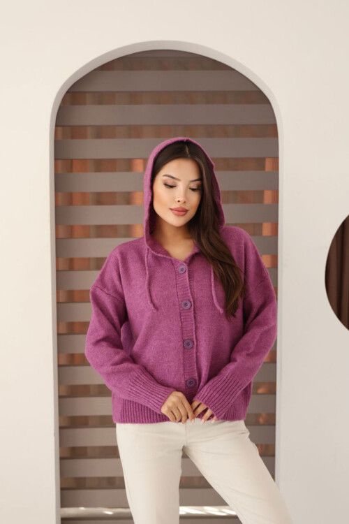 Lila Düğmeli Kapüşonlu Soft Touch Triko Hırka BCES-253009