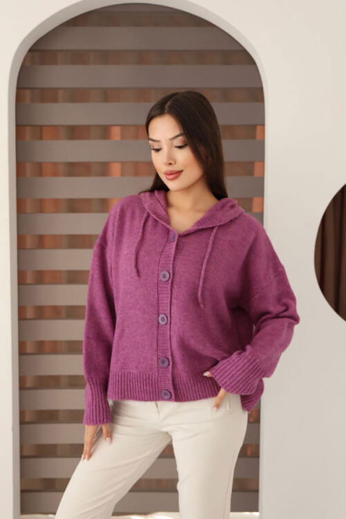 Lila Düğmeli Kapüşonlu Soft Touch Triko Hırka BCES-253009
