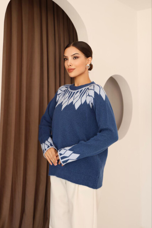 Mavi Bisiklet Yaka Desenli Triko Kazak BCES-253003