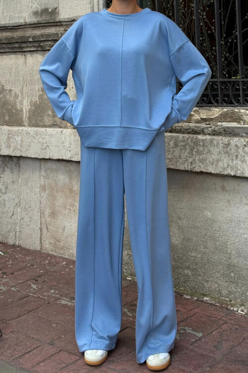 Mavi Bisiklet Yaka Yırtmaç Detaylı Bluz Ve Rahat Kesim Pantolon Modal Alt Üst Takım BCVL-25V215