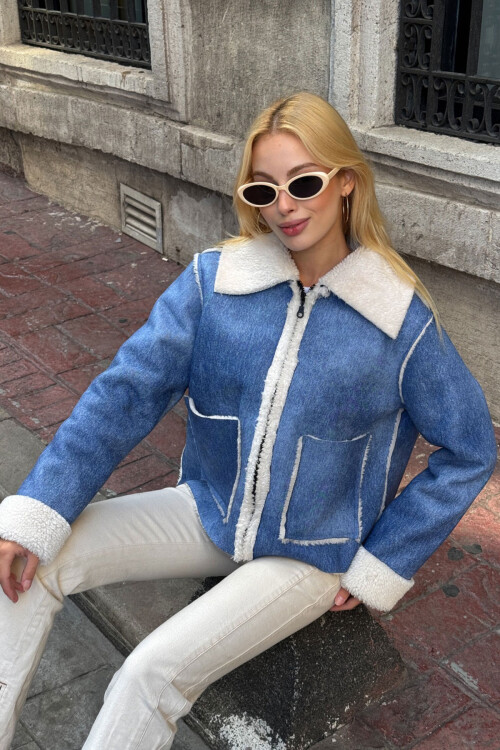 Mavi Çift Cepli İçi Suni Kürklü Biker Ceket