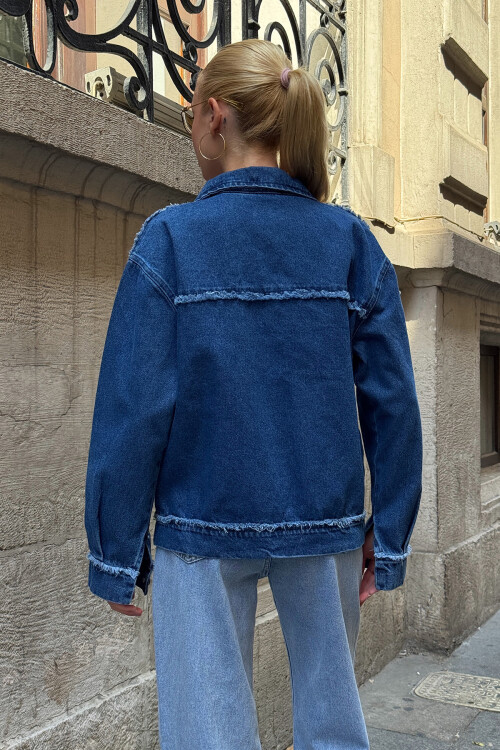 Mavi Çift Cepli Püskül Detaylı Eskitmeli Jean Ceket BCHESQ-251151