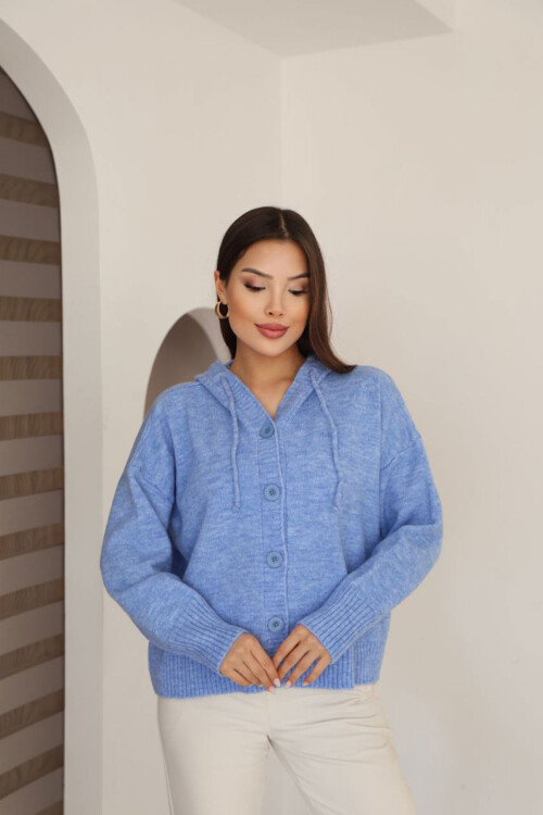 Mavi Düğmeli Kapüşonlu Soft Touch Triko Hırka BCES-253009