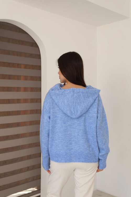 Mavi Düğmeli Kapüşonlu Soft Touch Triko Hırka BCES-253009