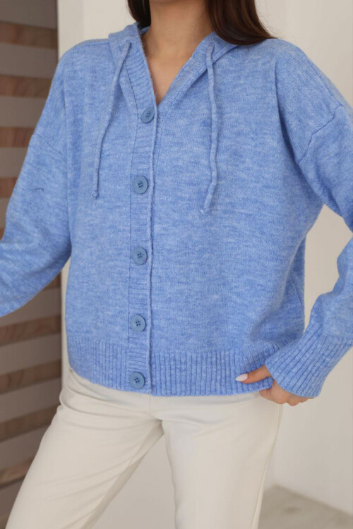 Mavi Düğmeli Kapüşonlu Soft Touch Triko Hırka BCES-253009