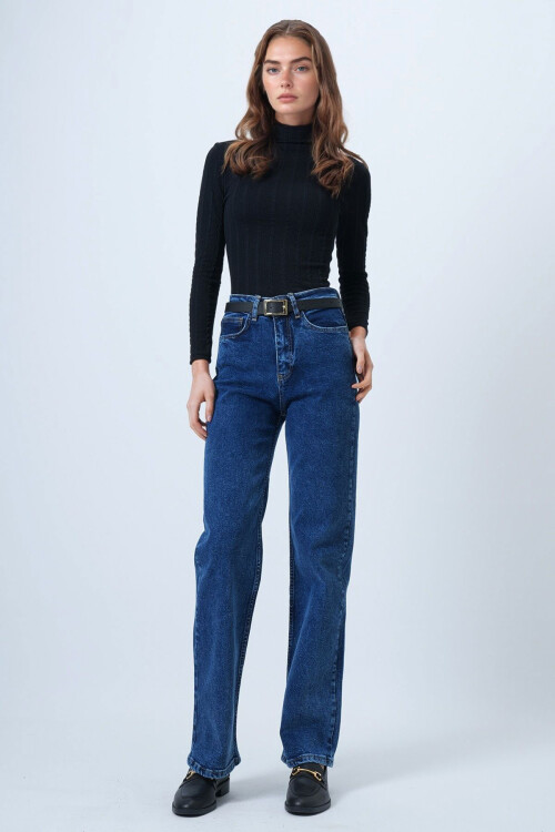 Mavi Yüksek Bel Düz Paça 5 Cepli Denim Pantolon BCHNW-251205