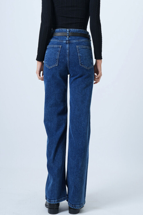Mavi Yüksek Bel Düz Paça 5 Cepli Denim Pantolon BCHNW-251205