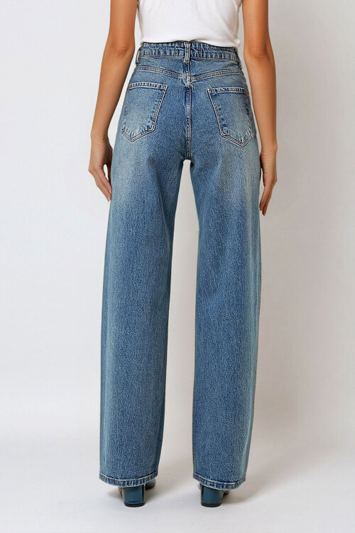 Mavi Yüksek Bel Palazzo Kesim Jean Pantolon BCHNW-251176