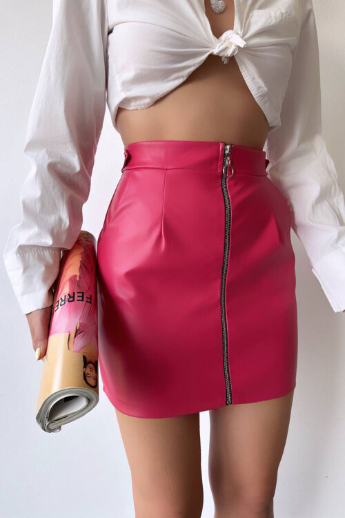 Pembe Fermuarlı Suni Deri Cepli Etek BCHN-2526768