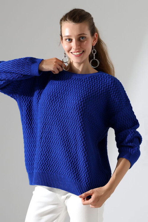 Saks Bisiklet Yaka Su Yolu Desenli Triko Kazak BCES-252008