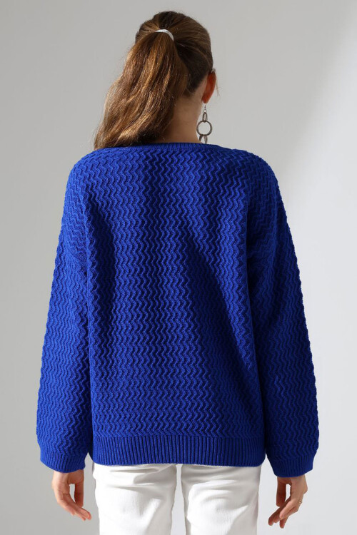 Saks Bisiklet Yaka Su Yolu Desenli Triko Kazak BCES-252008