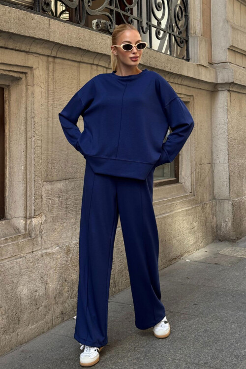 Saks Bisiklet Yaka Yırtmaç Detaylı Bluz Ve Rahat Kesim Pantolon Modal Alt Üst Takım BCVL-25V215