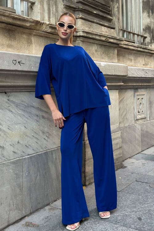 Saks Rahat Kalıp Bisiklet Yaka Bluz Ve Salaş Pantolon Modal Kumaş Alt Üst Takım BCVL-25V233