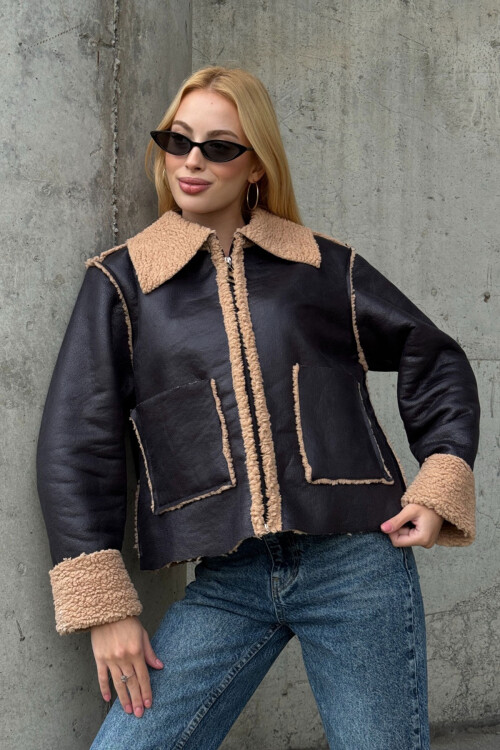 Siyah Bej Çift Cepli İçi Suni Kürklü Biker Ceket BCVL-25V217