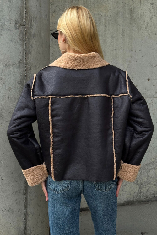 Siyah Bej Çift Cepli İçi Suni Kürklü Biker Ceket BCVL-25V217