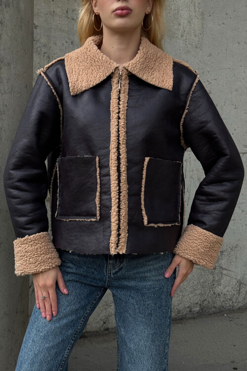 Siyah Bej Çift Cepli İçi Suni Kürklü Biker Ceket BCVL-25V217