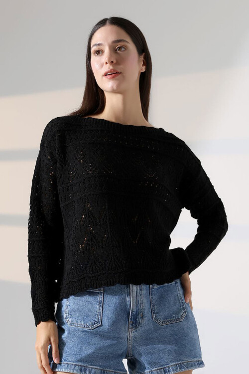 Siyah Bisiklet Yaka Dantel Motifli Triko Kazak BCES-252043