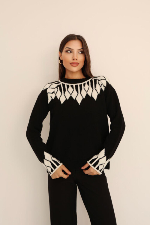 Siyah Bisiklet Yaka Desenli Triko Kazak BCES-253003