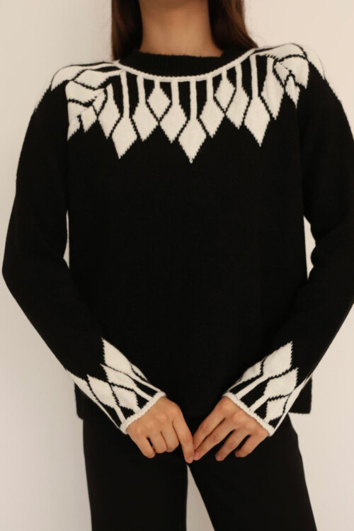 Siyah Bisiklet Yaka Desenli Triko Kazak BCES-253003