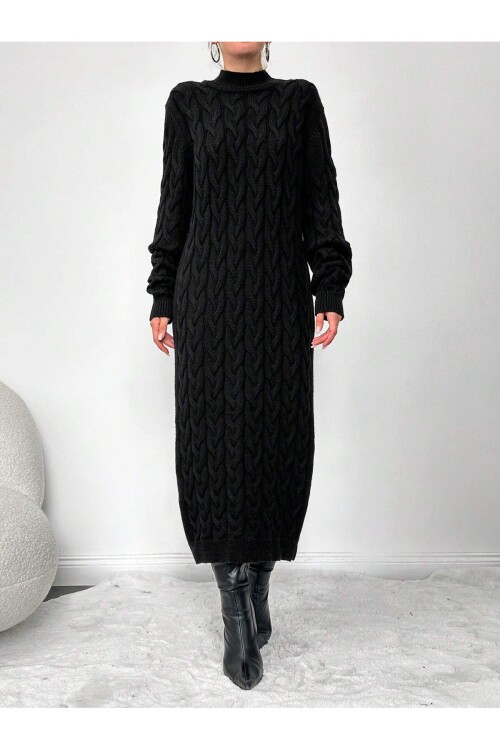 Siyah Bisiklet Yaka Saç Örgülü Triko Elbise