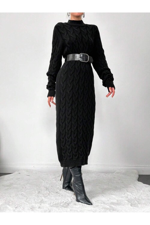 Siyah Bisiklet Yaka Saç Örgülü Triko Elbise