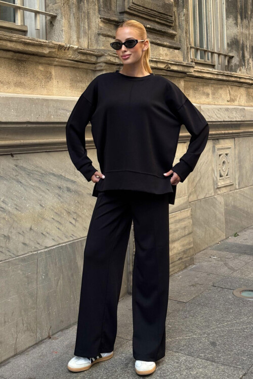 Siyah Bisiklet Yaka Yırtmaç Detaylı Bluz Ve Rahat Kesim Pantolon Modal Alt Üst Takım BCVL-25V215