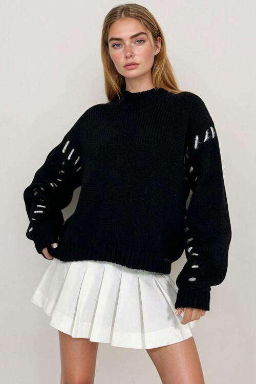 Siyah Bloklu Triko Kazak BCHESQ-251132