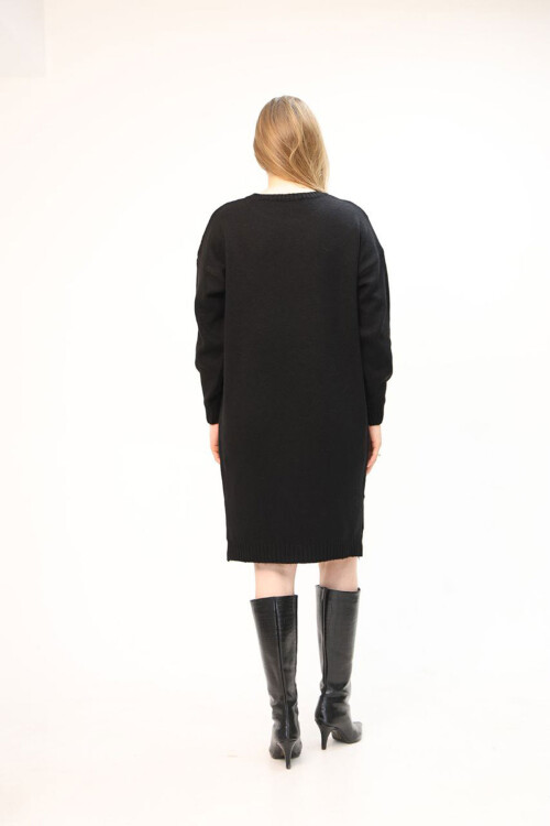 Siyah Çift Cepli Bisiklet Yaka Tunik Elbise BCES-252022-1